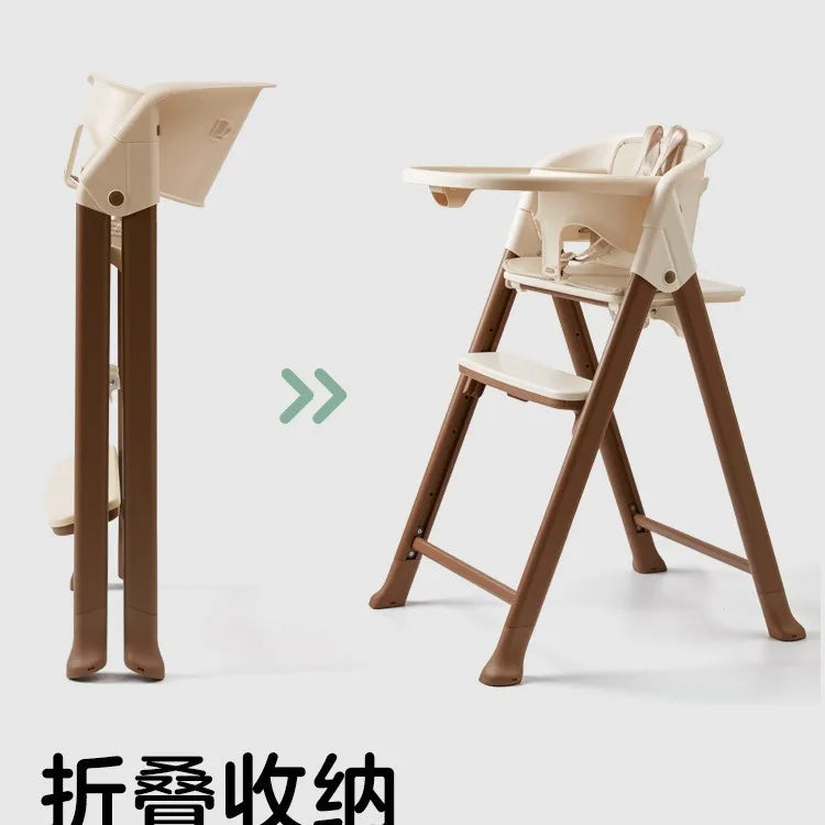 Children's high chair with wooden legs on a white background