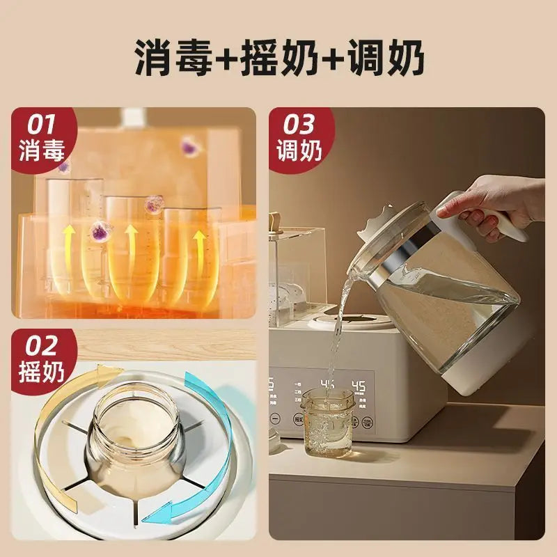 Multifunctional kitchen appliance with various uses shown on a beige background