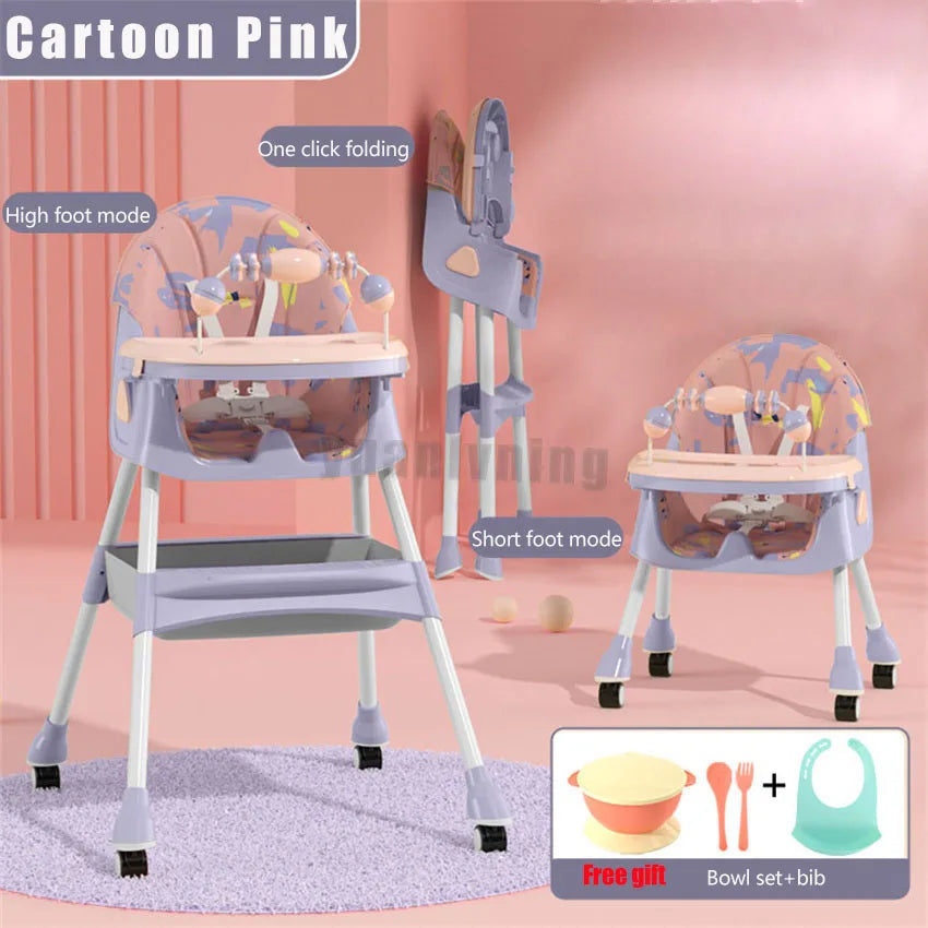 Cartoon pink high chair in different modes with free gift offer on a pink background
