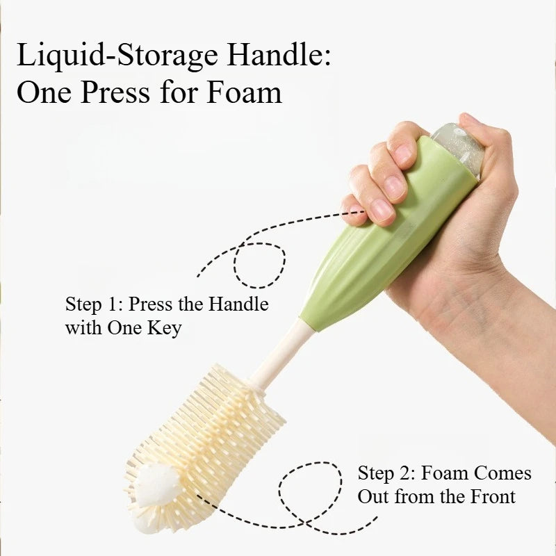 Hand holding a green liquid-storage handle with text explaining its use