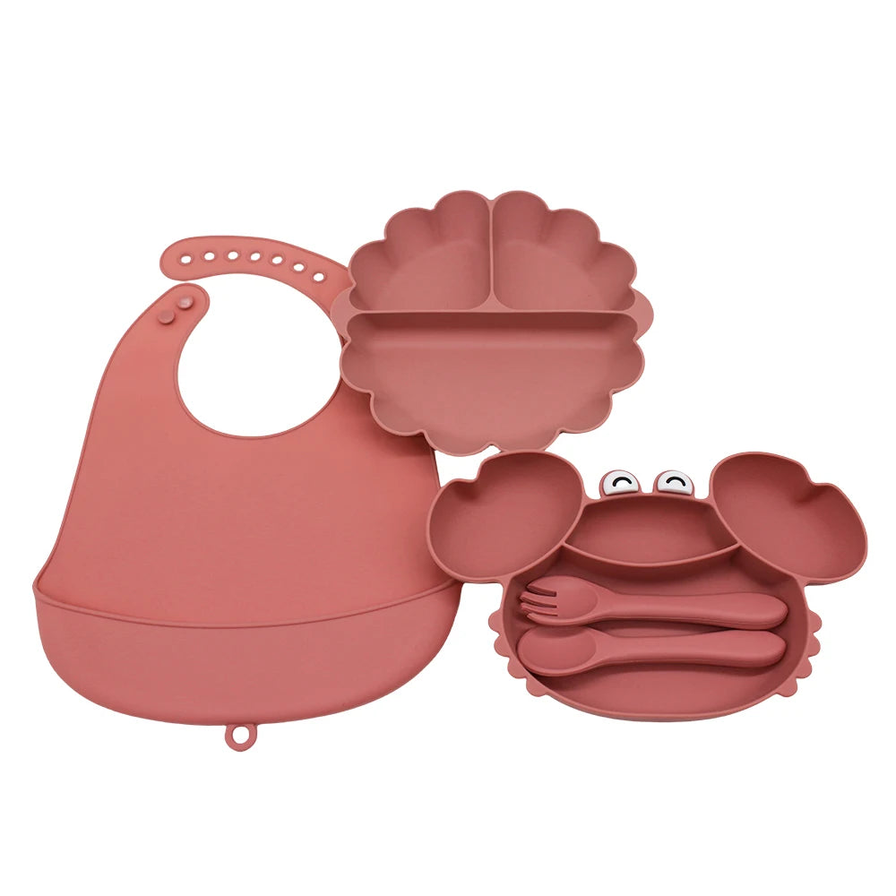 Baby Weaning Set - Pumpkin Divided Plate, Suction Bowl & Bib | Self-Feeding Tableware