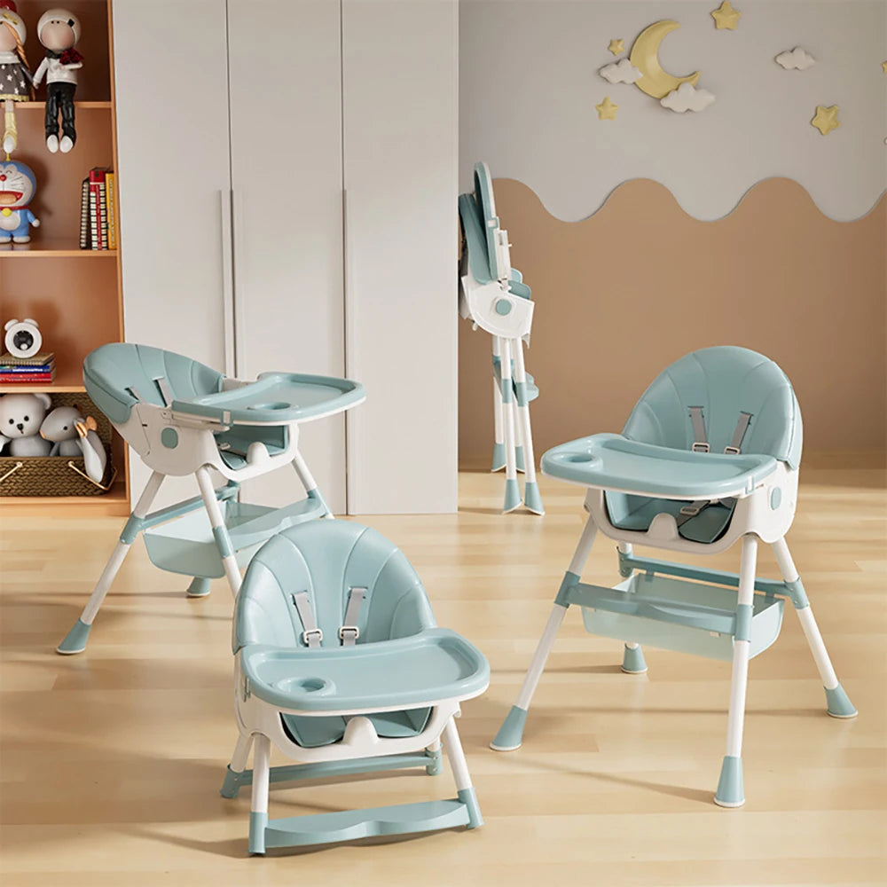 Set of three adjustable high chairs in a room with toys on a shelf.