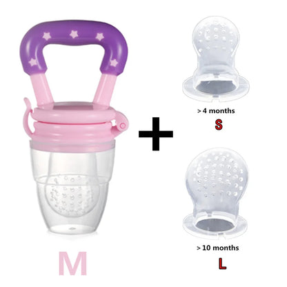 Baby food feeder with two pacifier attachments on a white background