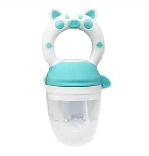 Teal and white baby feeder with cat ears on a white background