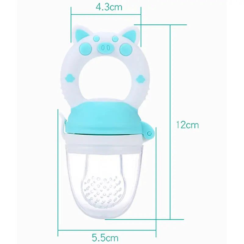Baby teether with measurements on a white background