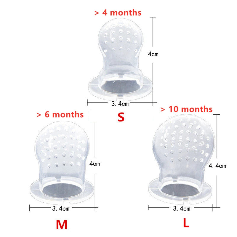Silicone baby teether with size indicators for different age groups on a white background