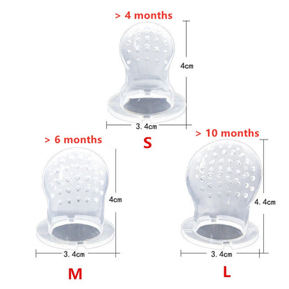 Silicone baby teether with size indicators for different age groups on a white background