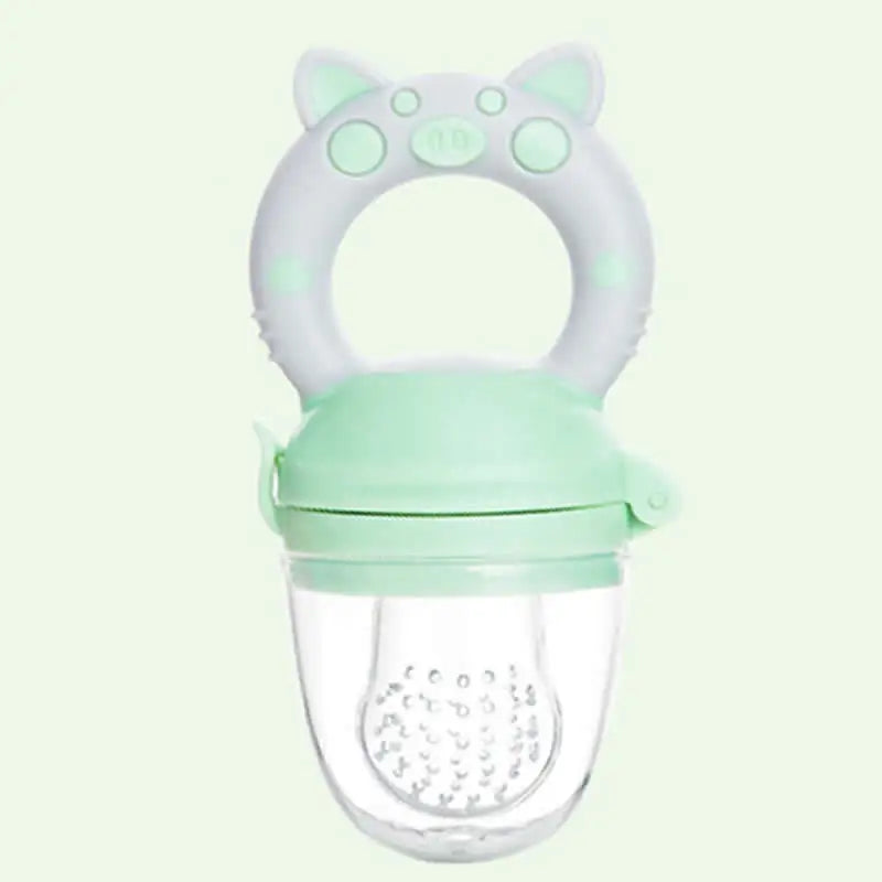 Mint green baby pacifier with a clear silicone body on a light green background