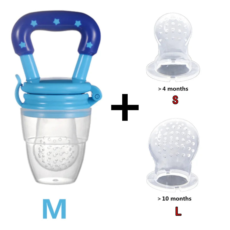 Blue baby feeder with two additional silicone nipples on a white background