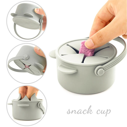 Gray snack cup with a pink snack, surrounded by close-up insets of different parts.