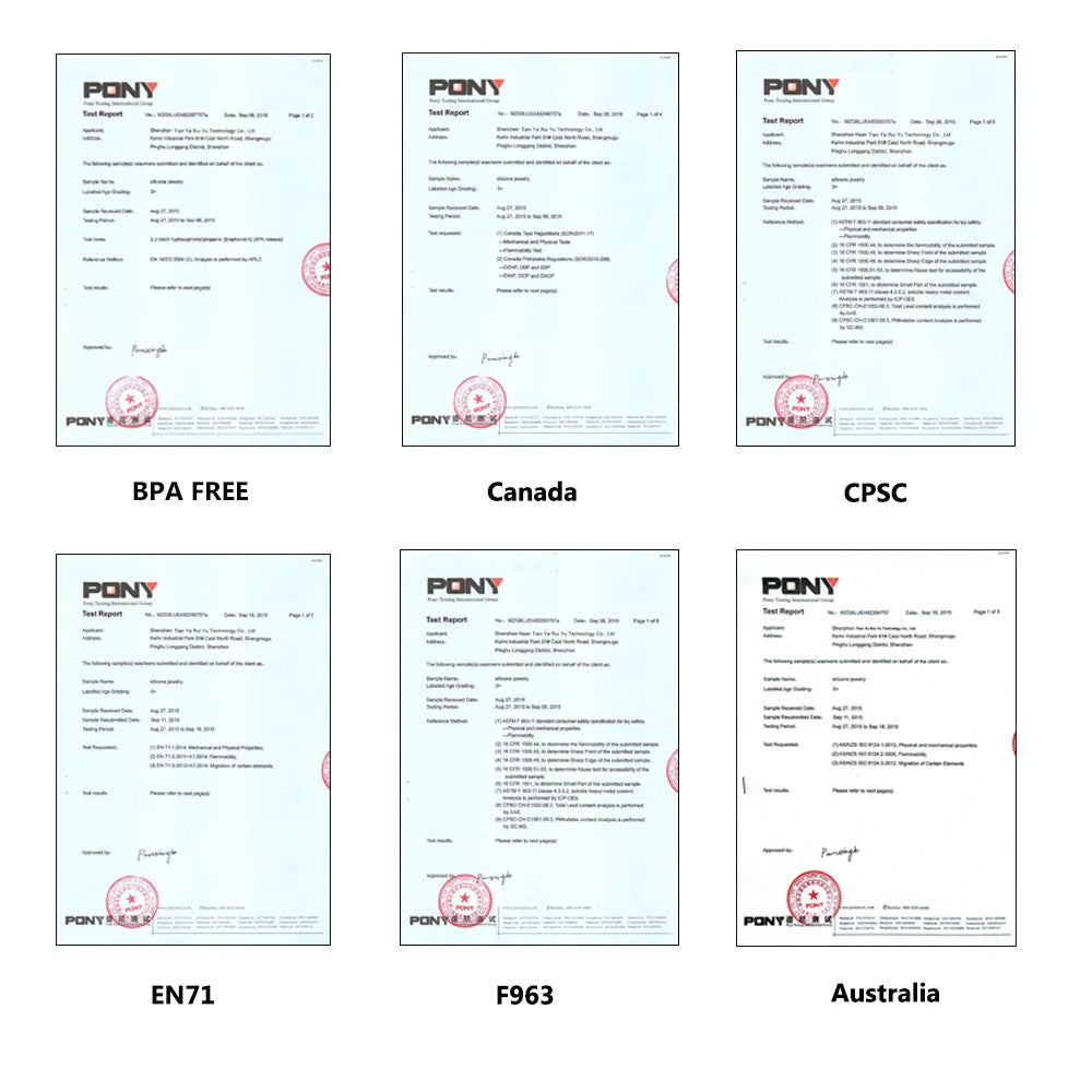 Set of certification documents for PONY products with various labels on a white background.