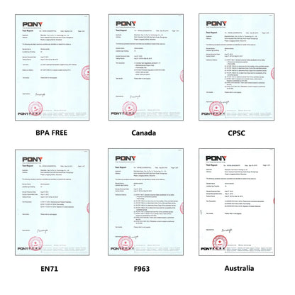 Set of certification documents for PONY products with various labels on a white background.