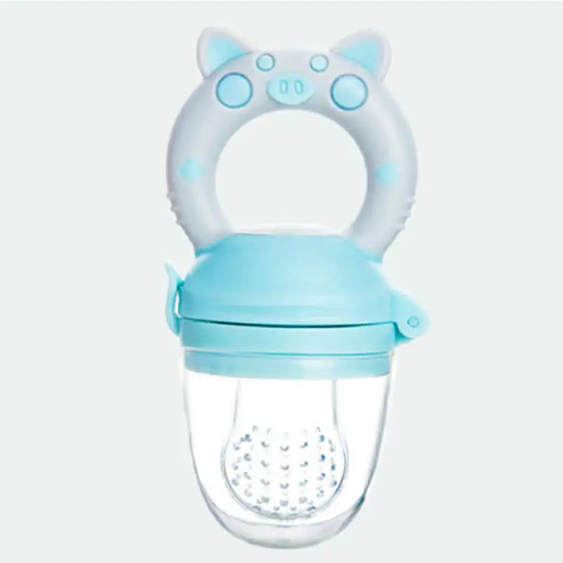 Blue baby fruit feeder with cat ears on a white background