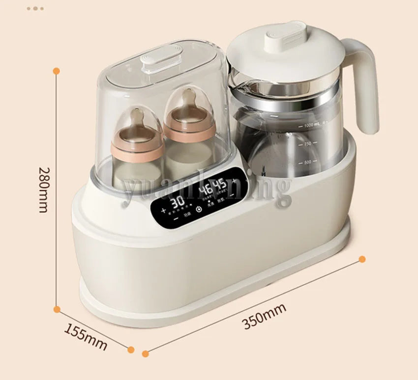 Baby bottle warmer and sterilizer with digital display and dimensions on a beige background