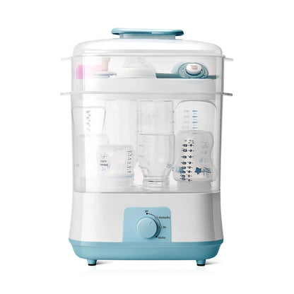 Baby bottle sterilizer with various bottles inside on a white background