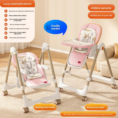 Pink high chair with features listed on a beige carpeted floor.