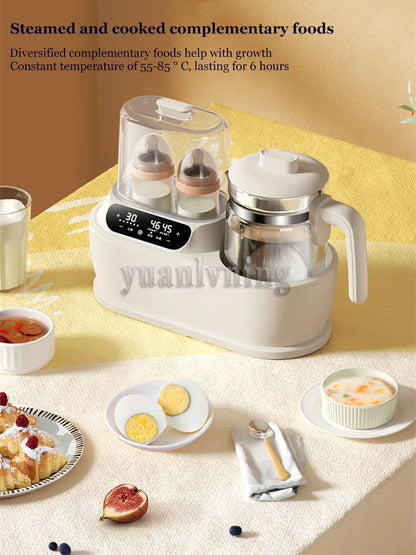 White kitchen appliance with digital display on a yellow tablecloth, surrounded by breakfast items.