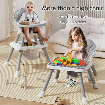 Children using a multi-functional high chair with study desk and standing trainer in a living room setting.