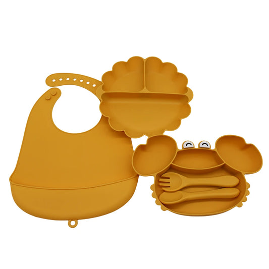 Baby Weaning Set - Pumpkin Divided Plate, Suction Bowl & Bib | Self-Feeding Tableware