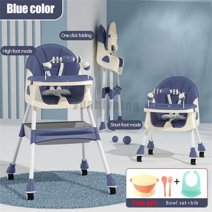 Blue and white high chair with one-click folding feature on a gray background