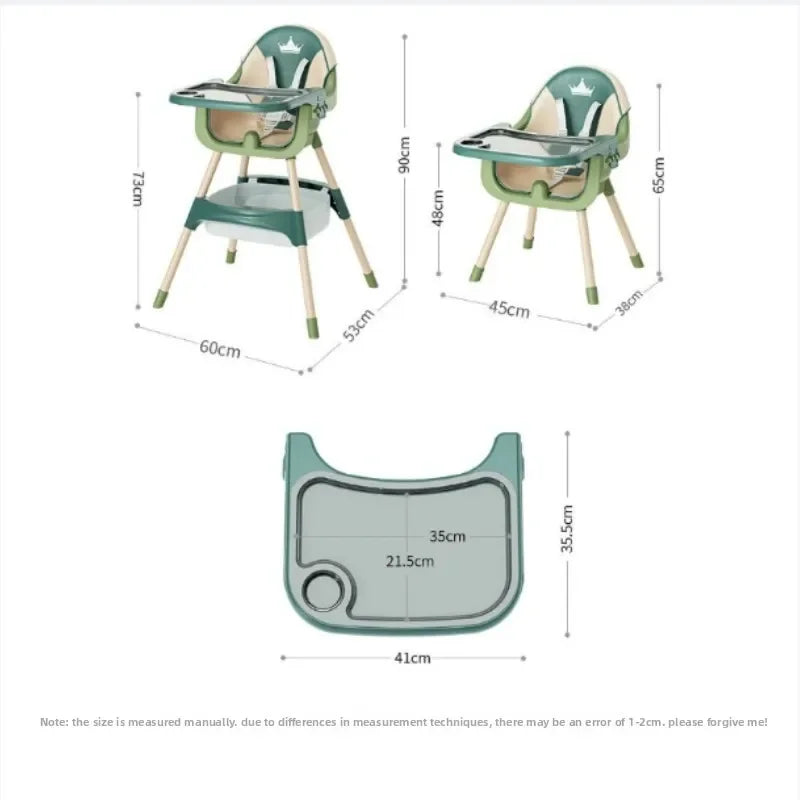 Baby high chair with dimensions on a white background