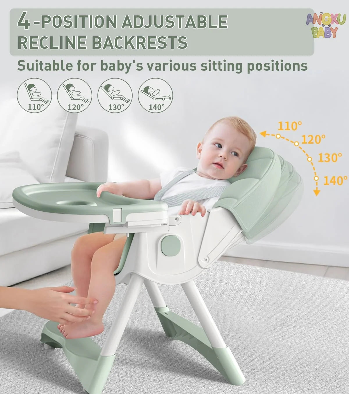 Baby high chair with adjustable recline backrests and a baby sitting on it.
