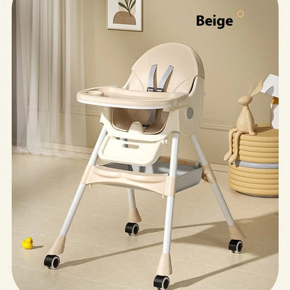 Beige baby high chair with wheels in a room setting