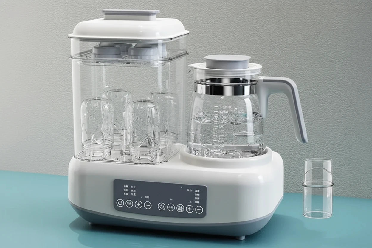 White electric tea maker with glass jars on a blue surface