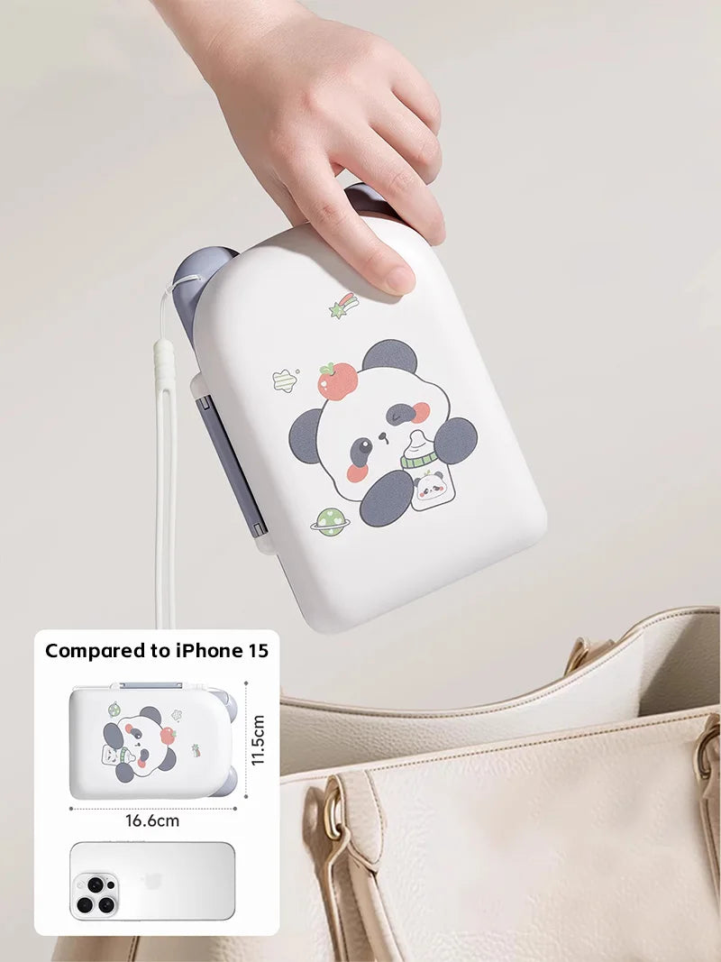 White electronic device with panda design held by a hand, compared to an iPhone 15 on a light background.