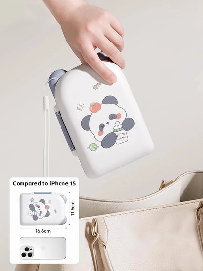 White electronic device with panda design held by a hand, compared to an iPhone 15 on a light background.