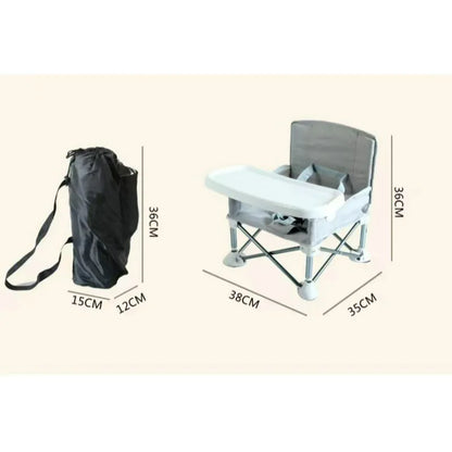 Foldable baby seat with dimensions and carrying bag on a beige background