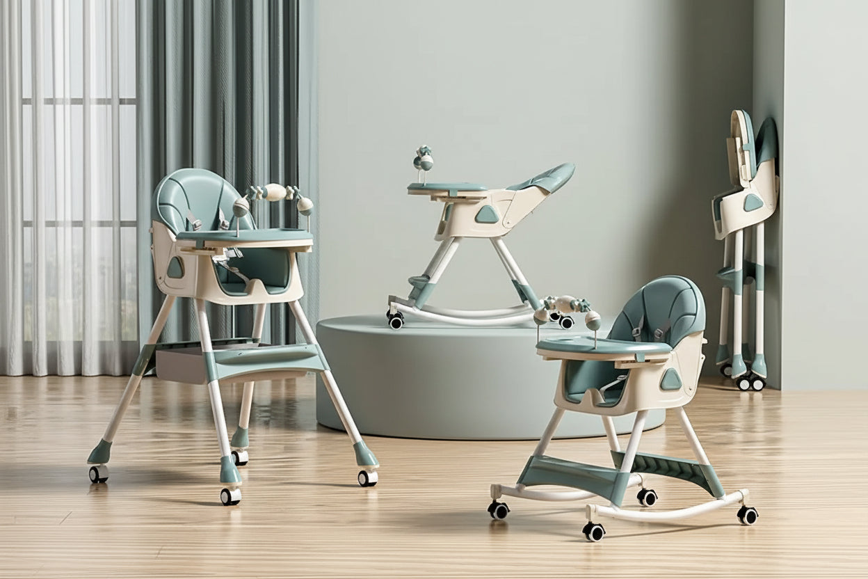 Multi-functional baby chair with various features on a wooden floor.