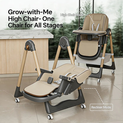 Two high chairs in different modes on a tiled floor with a neutral background.
