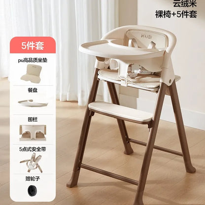 Children's high chair with accessories on a light wooden floor
