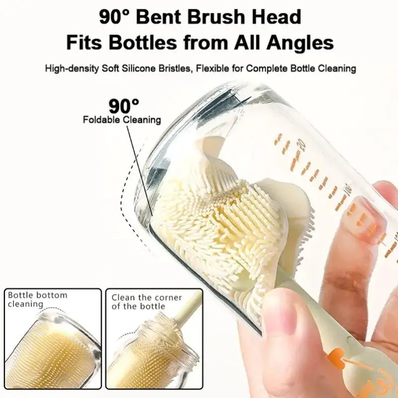 Bottle cleaning brush with 90-degree bent head, showing usage on a bottle.