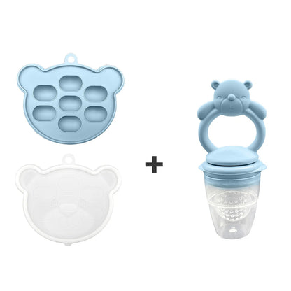 Set of blue silicone bear-shaped items including a mold, a cup, and a lid on a white background.