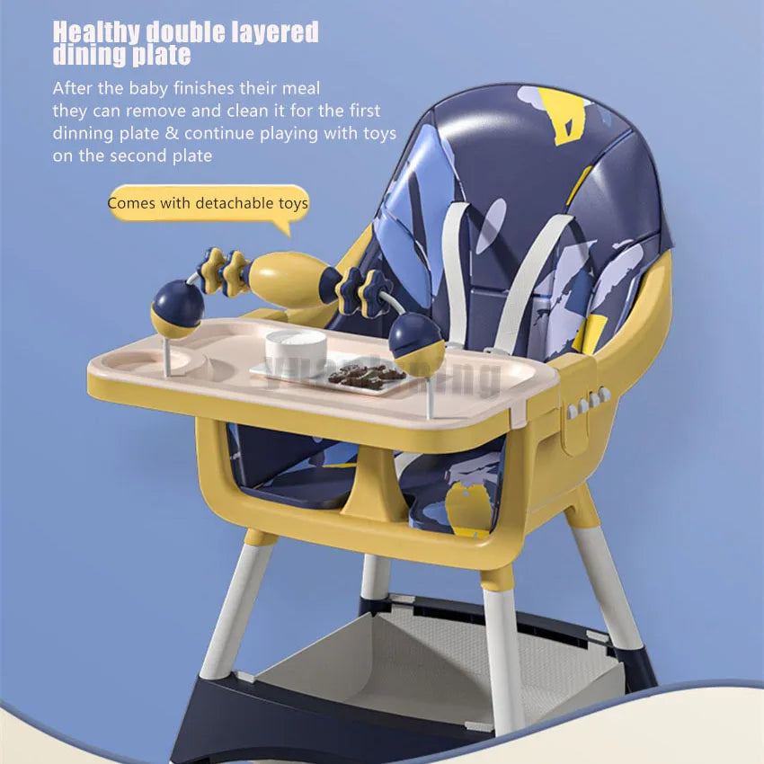 Yellow and blue baby high chair with detachable toys on a blue background