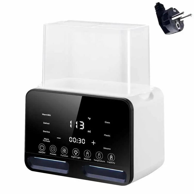 White electronic device with digital display and control panel on a white background