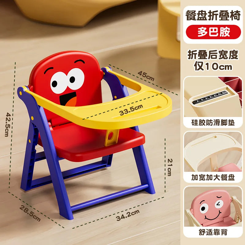 Children's high chair with measurements on a wooden floor