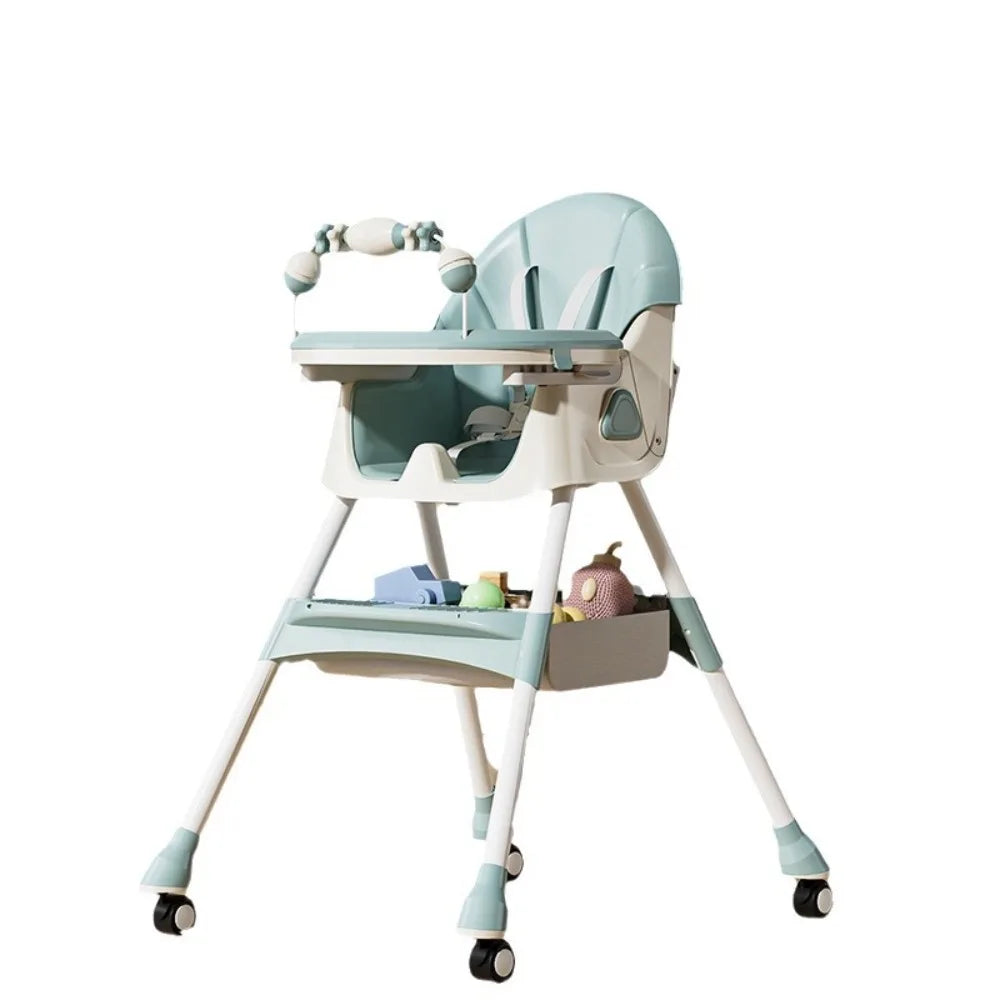 Children's high chair with toys on a white background