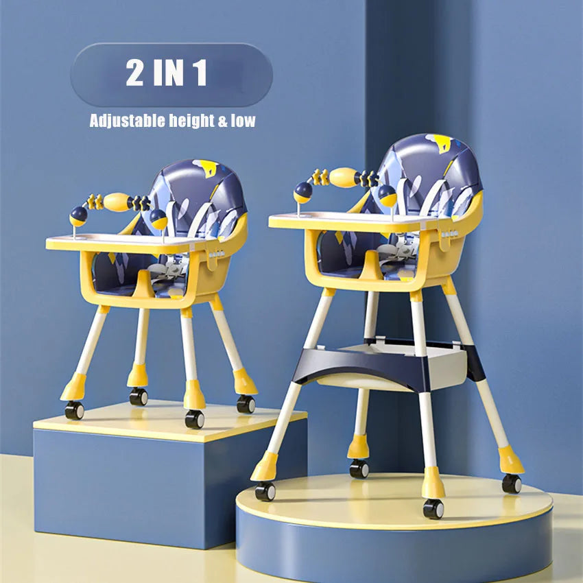 2-in-1 adjustable height baby high chair with blue and yellow design on a blue background