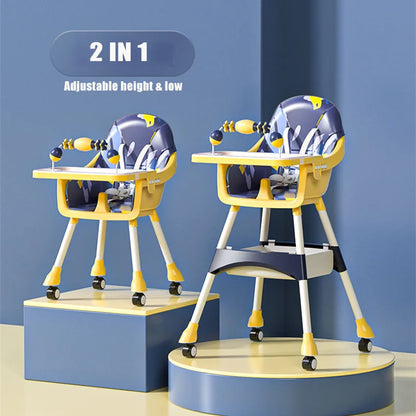 2-in-1 adjustable height baby high chair with blue and yellow design on a blue background