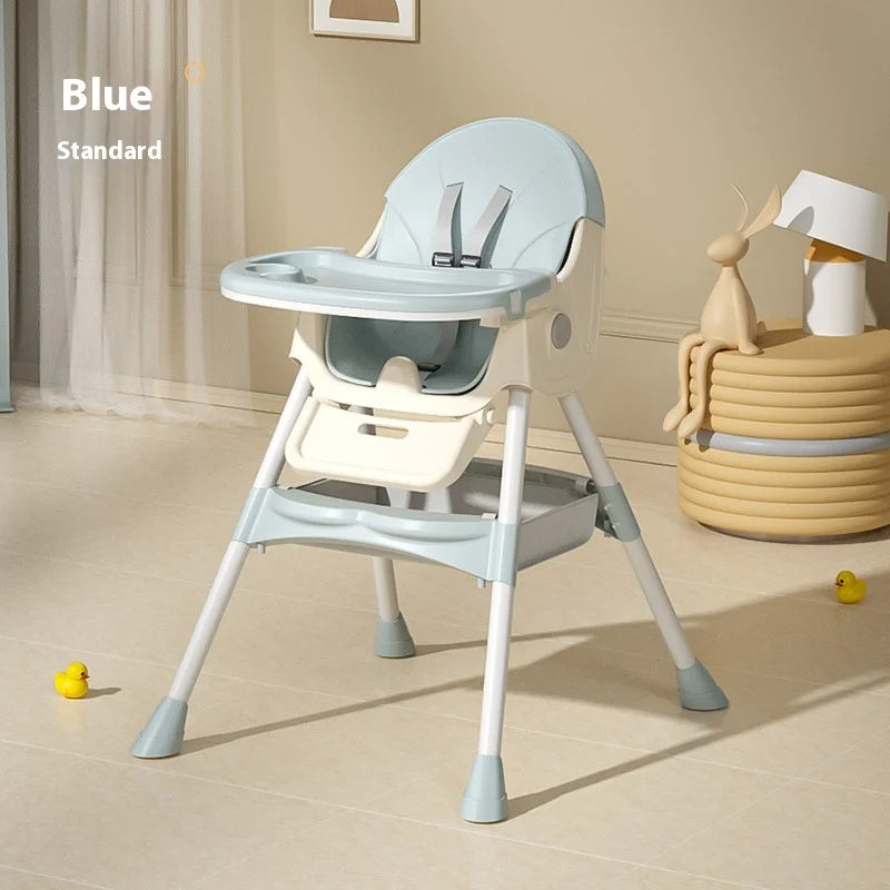Blue baby high chair on a beige floor with toys around