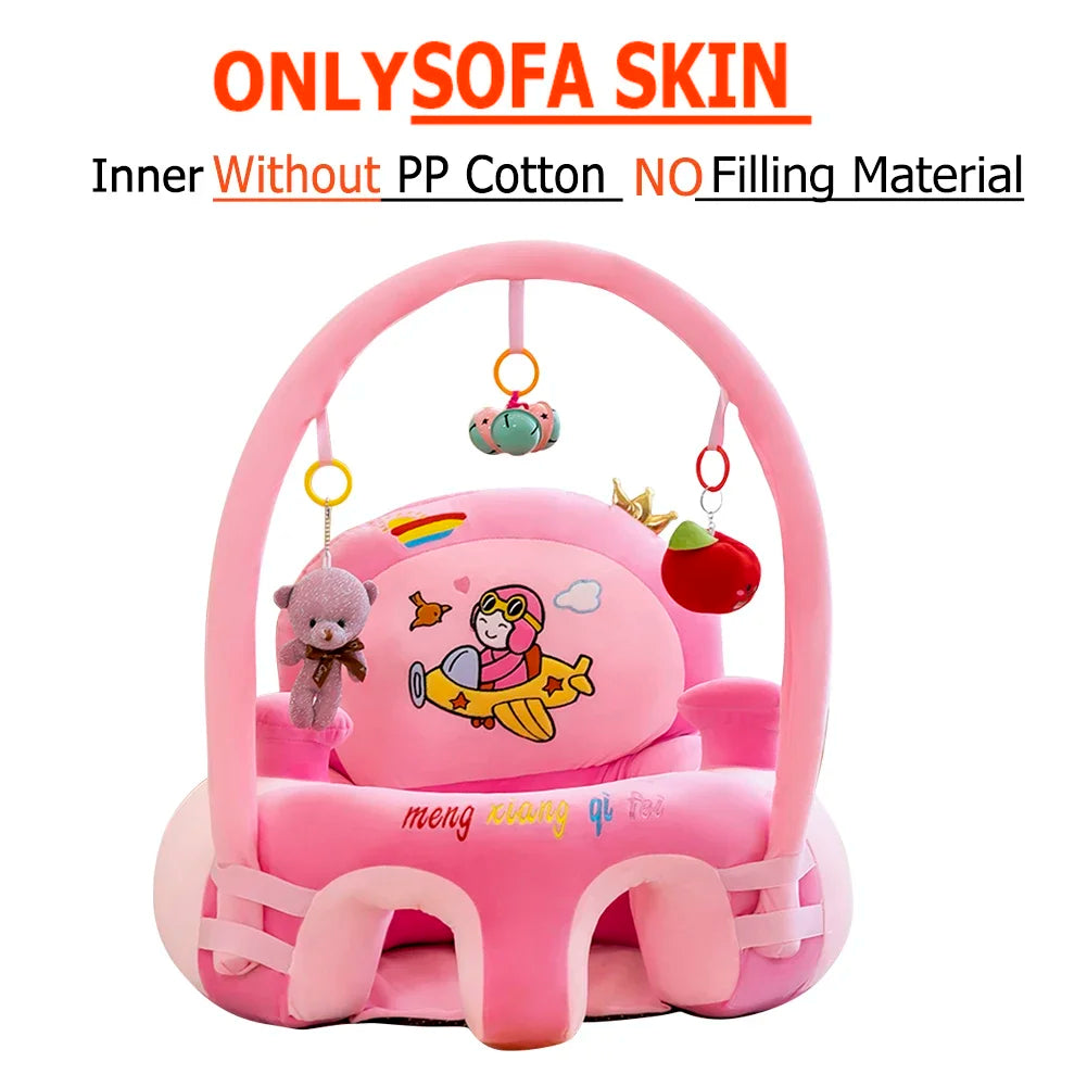 Pink baby activity seat with cartoon design on a white background