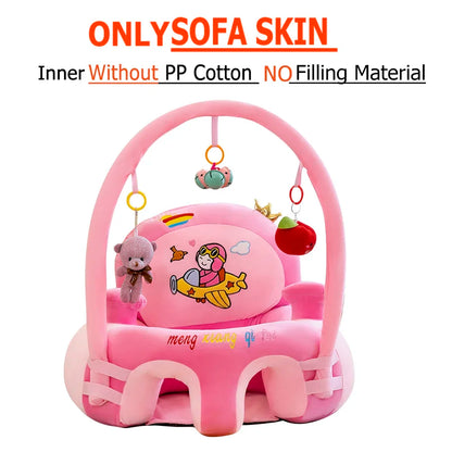 Pink baby activity seat with cartoon design on a white background