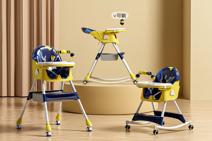Children's high chair and walker with multiple functions on a wooden floor.