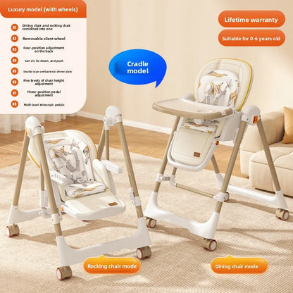 Two high chairs with wheels on a carpeted floor, featuring product details and warranty information.