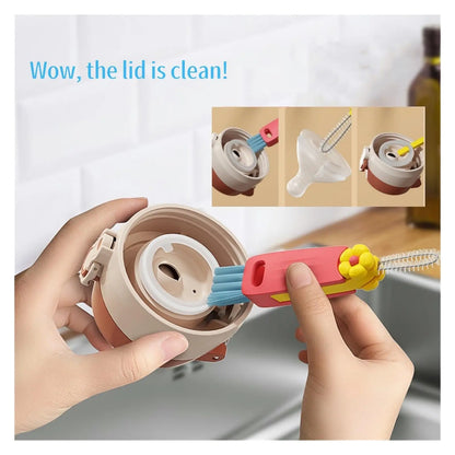 Person cleaning a lid with a brush, with inset images showing the cleaning process.