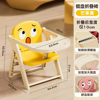 Yellow cartoon character in a folding chair with dimensions and features displayed.