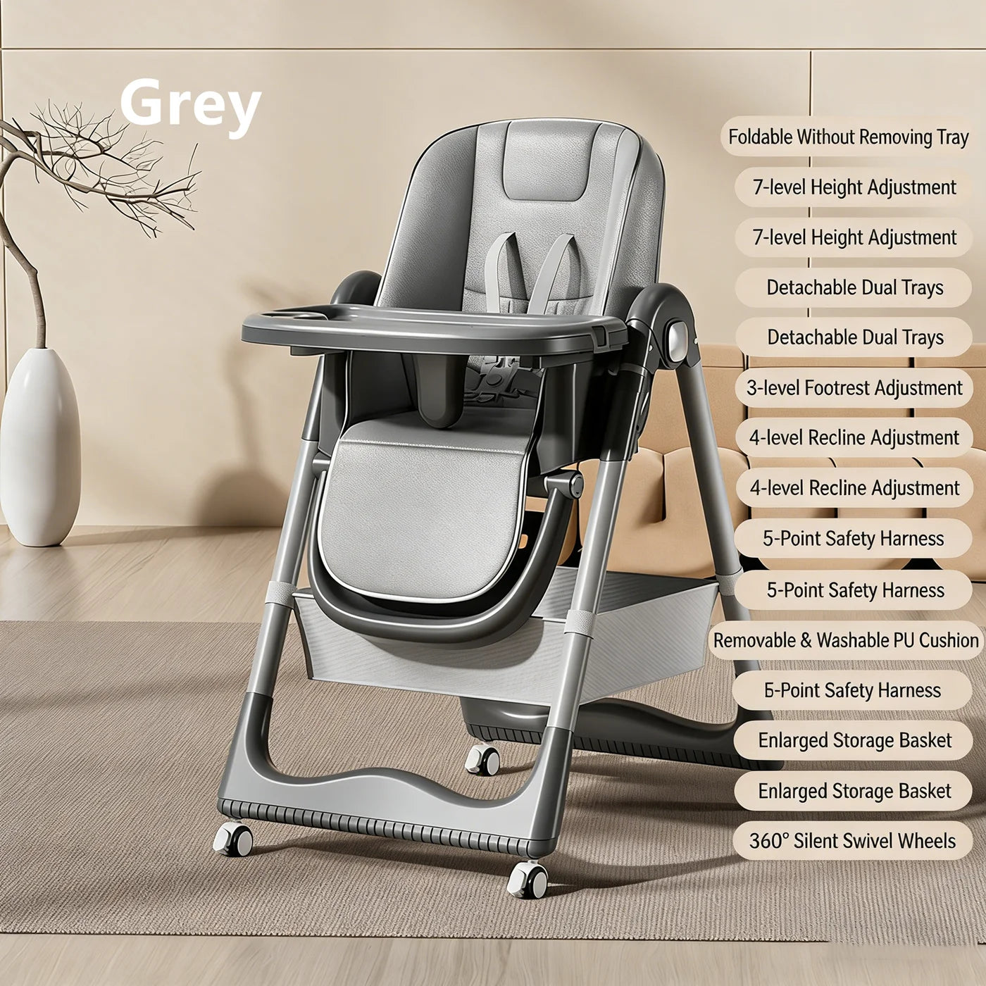 Gray high chair with features listed on a beige background